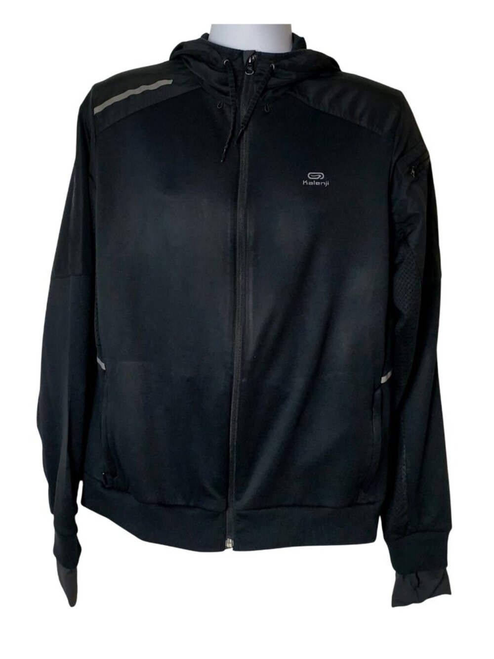 Kalenji Mens L Running Jacket Full-Zip Hooded Black Reflective Thumb Holes Sport